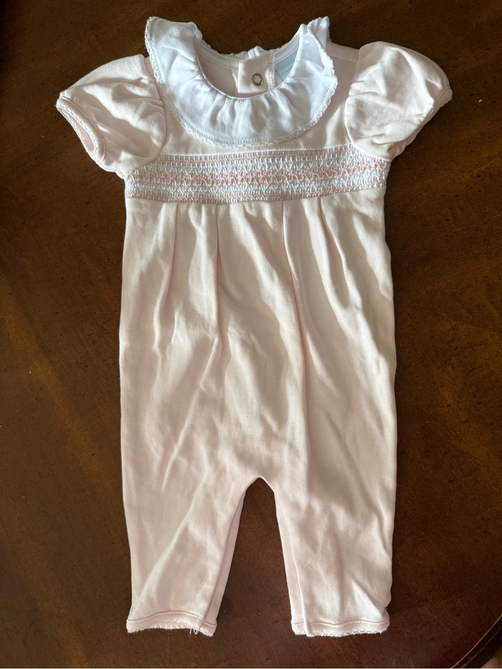 Edgehill Collection Pink Smocked Romper with White Ruffled Collar